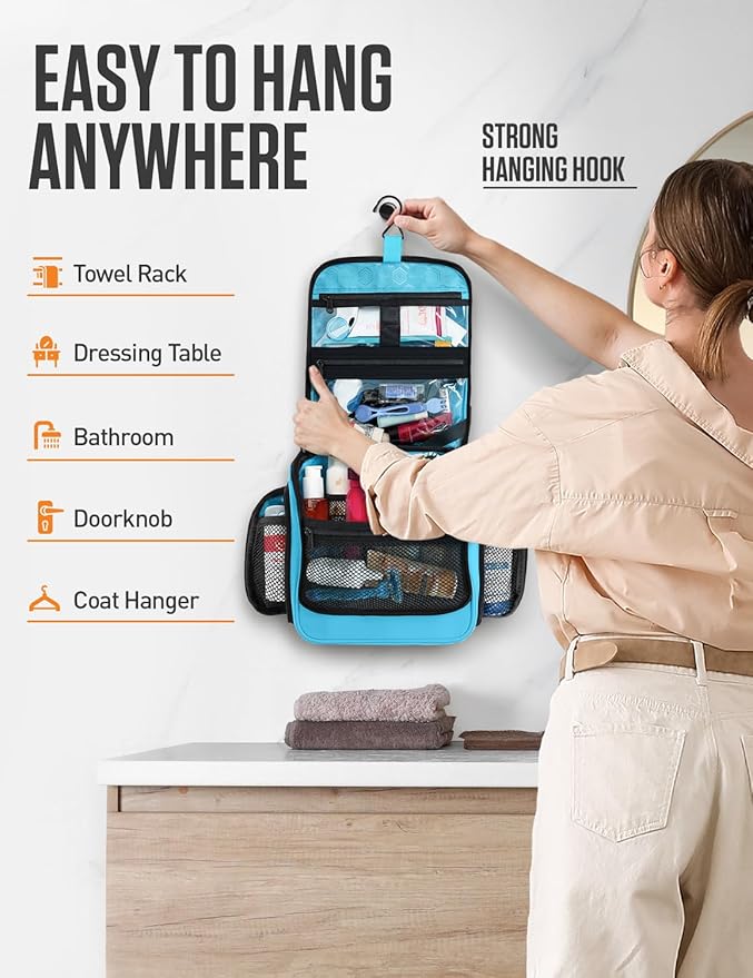 VENTURE 4TH Hanging Travel Toiletry Bag 18 Compartments - Tiffany Blue | Hangs on rails, hooks or doors; stands upright. Removable TSA pouch. Water-resistant Nylon 290D Twill, reinforced stitching. - Image 4
