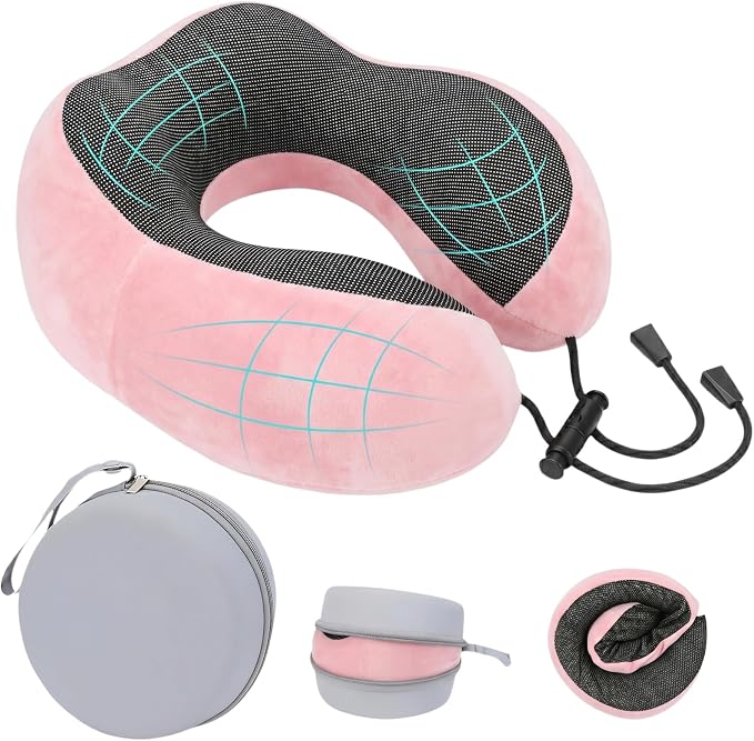 Travel Neck Pillow, 100% Memory Foam, U-Shaped with Storage Box, Pink | 100% memory foam with 360-degree support & adjustable buckle. Compact storage box. Machine washable cover. Fits all necks. by Unknown