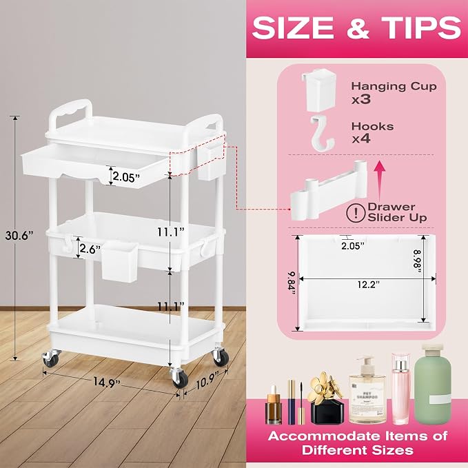 Goovilla Rolling Makeup Organizer Cart with Removable Drawer, 3 Tier White | Stable Floor Skincare Storage Cart for Vanity, Cosmetic Display, Nail Polish, Perfume, Hair Stuff, Beauty, Bathroom(Plastic) - Image 2
