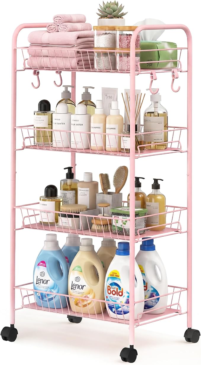 PLKOW 4-Tier Rolling Utility Cart with Detachable Baskets, Pink | 4-tier steel cart with detachable baskets, anti-fall pads, hooks, and 360° wheels for compact home storage by PLKOW