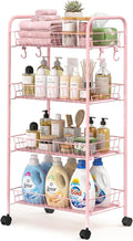 PLKOW 4-Tier Rolling Utility Cart with Detachable Baskets, Pink | 4-tier steel cart with detachable baskets, anti-fall pads, hooks, and 360° wheels for compact home storage by PLKOW