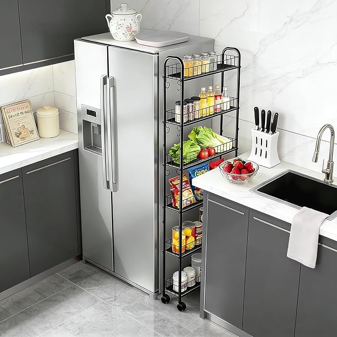 Slim Storage Cart with Wheels, Metal 6-Tier 6in Black Narrow Rolling Shelf, Sturdy Slim Storage with Hooks Ideal for Kitchen, Bathroom, and Laundry Room - Image 2