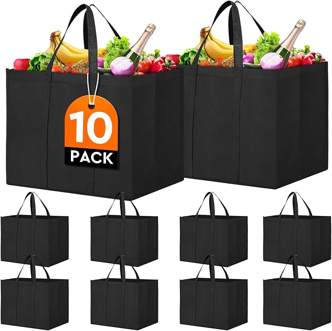 Reusable Grocery Shopping Bags 10 Pack Large Foldable Tote Bags Bulk | Eco Produce Bags with Long Handle for Shopping Groceries Clothes (Black) by WiseLife
