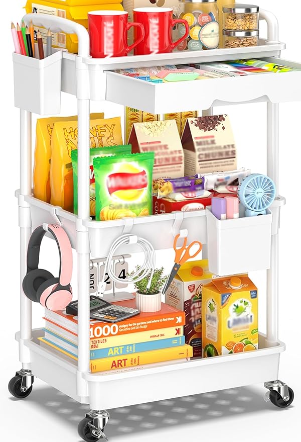 SUNALLY 3 Tier Rolling Cart with Drawer, Craft Storage Cart Organizer,White | Bathroom Storage Organizer with 2 Lockable Wheels, Rolling Utility Cart for Kitchen, Office, Baby, Makeup, Nail,Snack,Laundry by SUNALLY