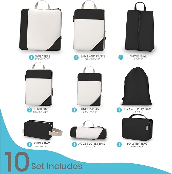 Compression Travel Packing Cubes with White Mesh, Black, 10Pcs | Waterproof fabric and See-Through Mesh, Space-Saving Compression Organizer for Travel and Daily Clothes Storage - Image 2