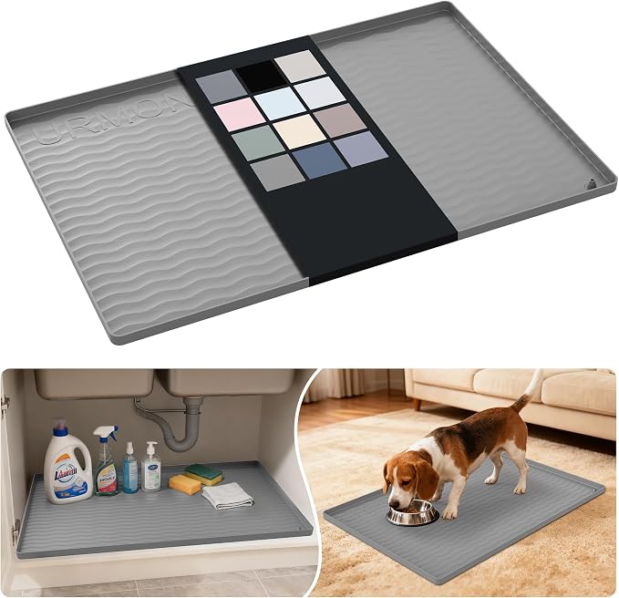 URMONA Waterproof Silicone Under Sink Mat 28'' x 19'' Shelf Liner for Kitchen and Bathroom, Cabinet and Counter Protector, Storage and Organizers, Litter Mat, Pet Cat Puppy Essentials(Beige) by URMONA
