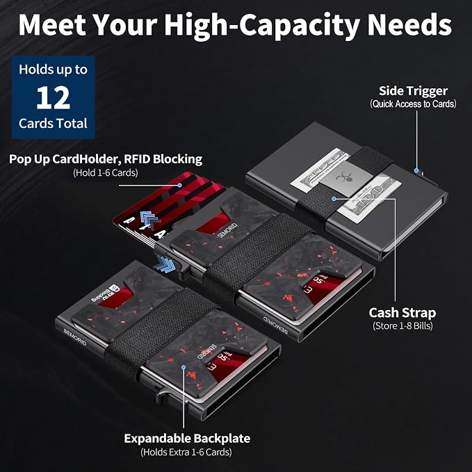SEMORID RFID Blocking Slim Card Holder Wallet for Men Wallet Minimalist | Durable Expandable Backplate Compact Smart Metal Pop Up Wallet Front Pocket Holds 12+ Cards Plus Cash, Birthady Gifts for Men - Image 2