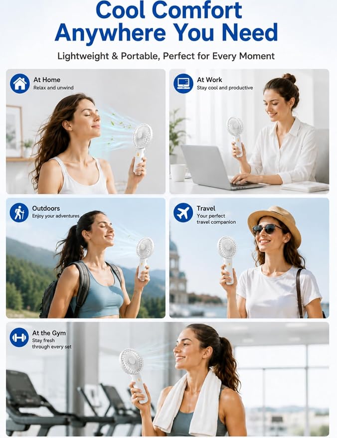 Portable Mini Fan, Quiet Foldable Fan with Lanyard (White) | 4 Speeds, 15H Rechargeable Battery, Portable Pan for Travel, Home, Office, Outdoor, Makeup, Women, Men, White - Image 7