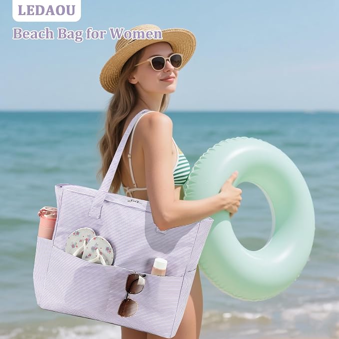 LEDAOU Large Beach Bag for Women, Waterproof Sandproof Tote Bag with Zipper | 36L Pool and Swim bag with Zipper, Wet/Dry pocket and 7 Pockets for Beach Days, Cruises, Vacations and Family travel - Image 2