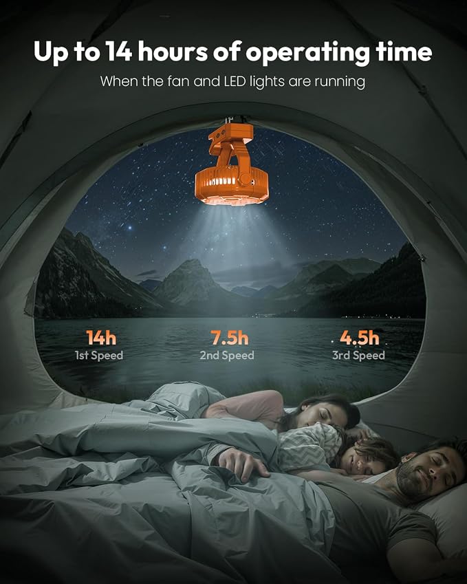 Gaiatop Portable Camping Fan with LED Lantern, Clip on Fan for Tent | USB Rechargeable Battery Powered, 360° Adjustable Tilt, LED Digital Display, Up to 14H Runtime, Outdoor & RV Use - Image 4