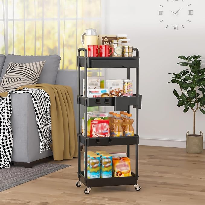 4 Tier Rolling Utility Cart with Drawer, Plastic Storage Organizer Rolling Carts with Wheels Handles Hanging Cups Hooks for Office, Bathroom, Kitchen,Craft Art Room (Black) - Image 8