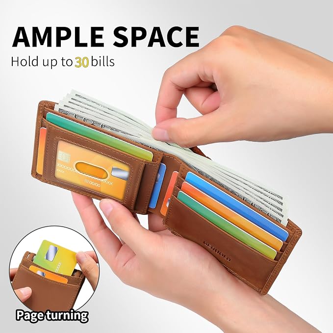 Wallet for Men-Genuine Leather RFID Blocking Bifold Stylish Wallet American Flag Wallet With 1 ID Window (Brown, Without ID Window) - Image 3