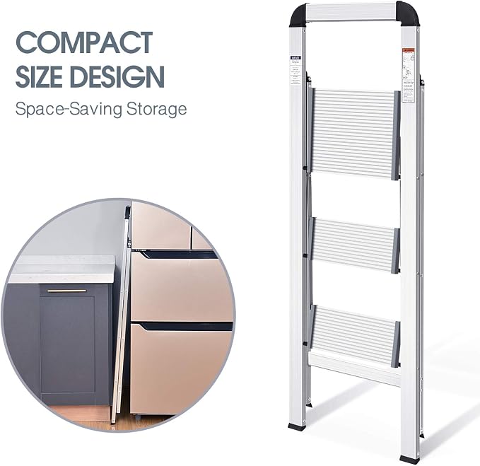 KINGRACK Aluminium 3 Step Ladder, Lightweight Step Stool with Non-Slip Pedals, Handrail, 330 LBS Foldable Step Ladder for Kitchen, Garage, Home, Space Saving, Sturdy and Portable, Silver - Image 2