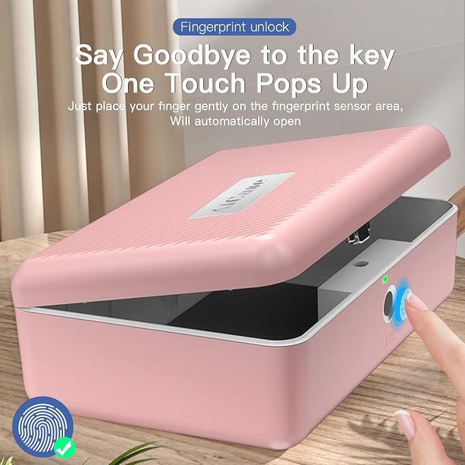 Biometric Fingerprint Storage Box, Portable Jewelry Cash Safe Storage Box, Rechargeable Lock Box for Car Home Office Travel (Pink) - Image 3