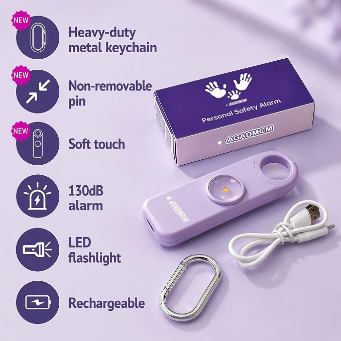 Rechargeable Personal Safety Alarm for Women | 130dB Loud Siren & Strobe Light & Low Battery Notice, Emergency Keychain Alarm for Self Defense (Lavender Purple) - Image 2