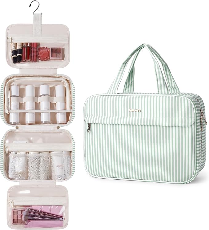 Narwey Striped Hanging Travel Toiletry Bag, Makeup Bag Organizer Make up Toiletries Bags for Full Size Essentials, Accessories, Brushes, Cosmetics (Mint Green Stripe, Large) by Narwey
