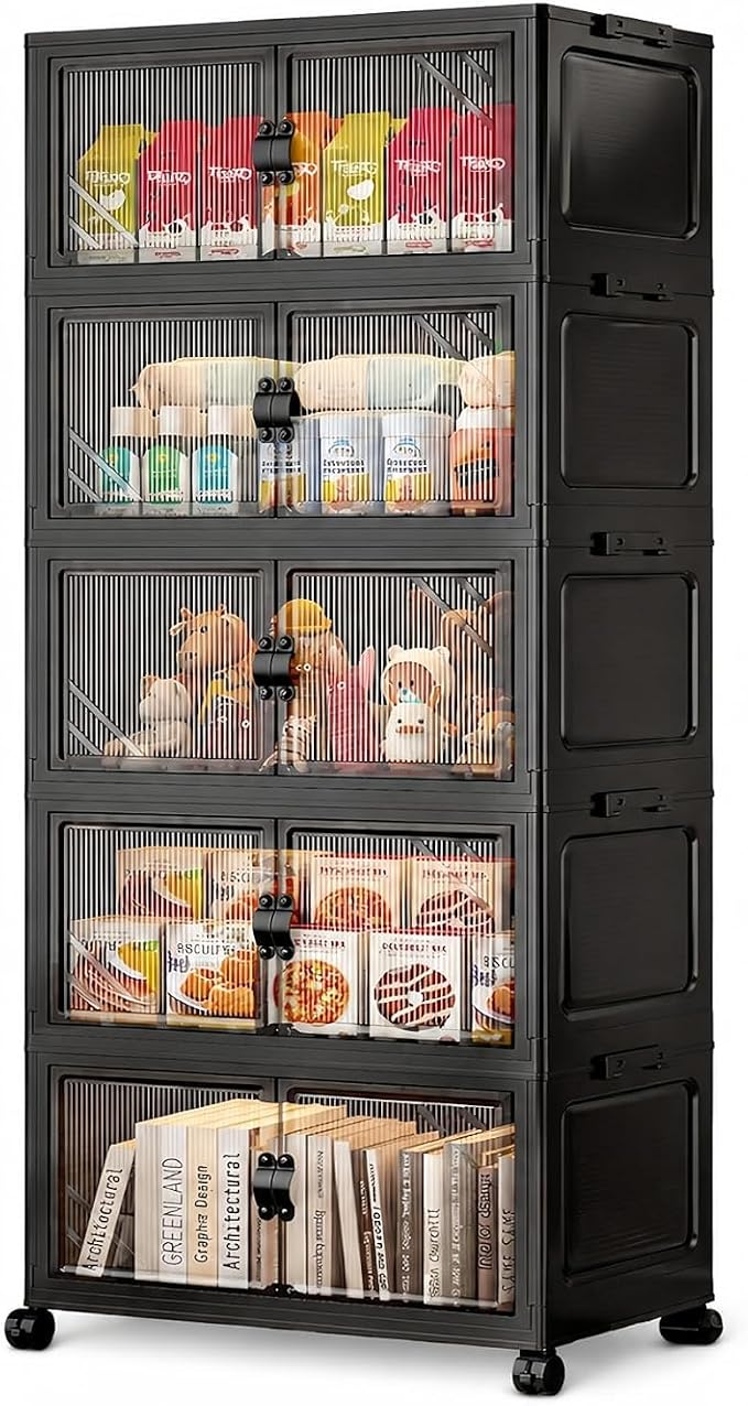 5-Tier Foldable Storage Cabinet with Wheels & Lid, 242QT Large Stackable Organizer, No Tool Required, Storage Cabinet for Garage, Home Office, Pantry, Kitchen, Dorm - Image 8