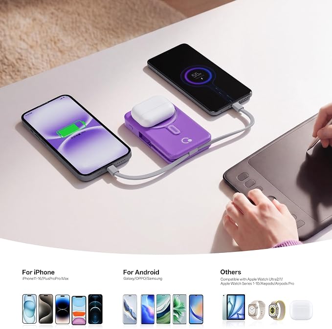 Q Magnetic Wireless Portable Charger 10,000mAh, Travel Essentials Power Bank with Built-in Cables & Foldable Stand, External Battery Pack Compatible with iPhone 17/16/15/14/13/12, Apple Watch - Image 5