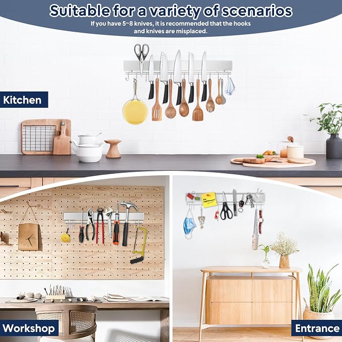 20 inch magnetic knife holder with 10 hooks, no drilling knife magnetic strip, and utensil hanger for wall. Powerful knife magnet rack includes tape and screw - Image 7
