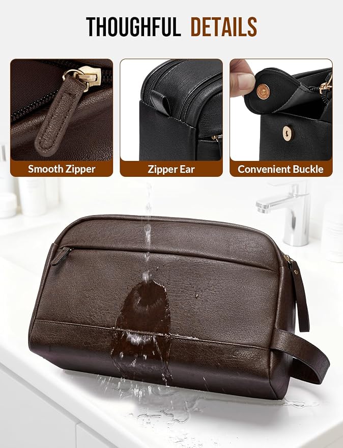 Large PU Leather Toiletry Bag for Men - Water Resistant Travel Bag for Toiletries, Bathroom Essentials, Accessories - Dark Brown - Image 5