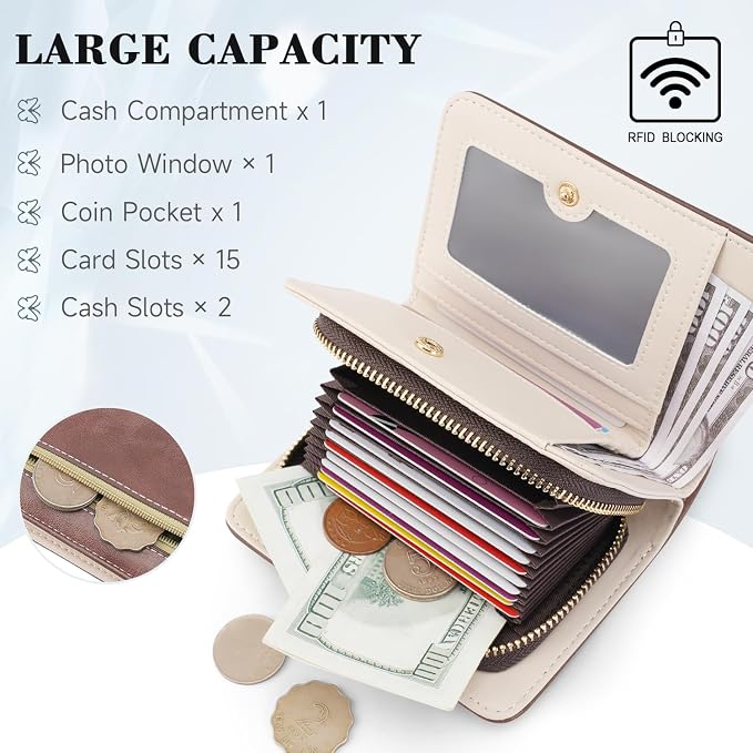 KITEVIUN Women RFID Blocking Small Bifold Wallet, Compact Cash Clutch with Zipper Coin Pocket, Glittery Butterfly Design, Credit Card Holder, Travel Purse with Tassel COFFEE - Image 4