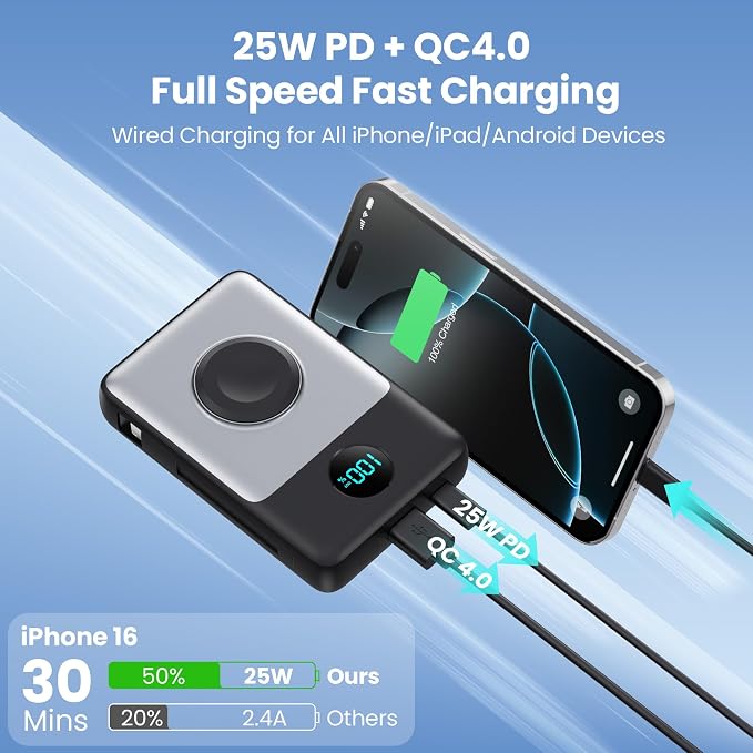 Magnetic Portable Charger 10800mAh with Built-in Cables,Wireless Power Bank for Magsafe,25W PD Fast Charging USB-C Travel Essentials Battery Pack for iPhone 17/16/15/14/13/12 Series,Apple Watch-Black - Image 4
