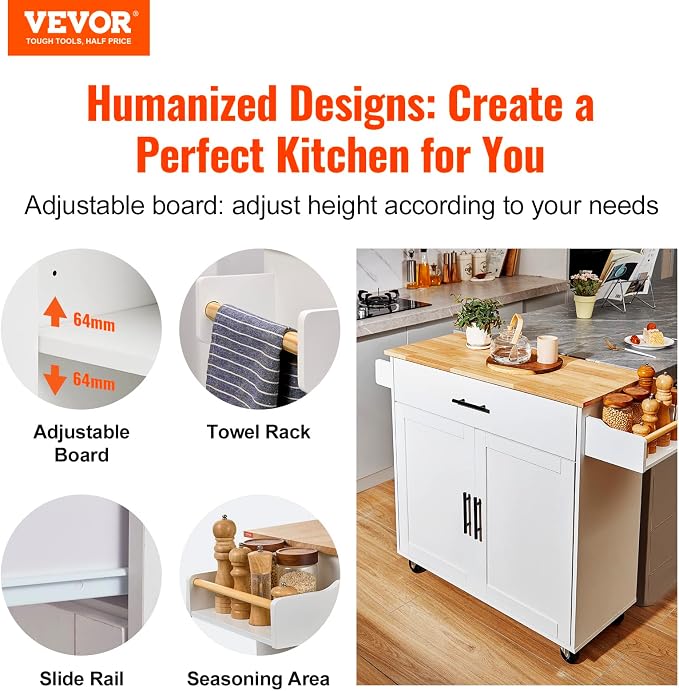 VEVOR Kitchen Island Cart with Solid Wood Top, 35.4" Width Mobile Carts with Storage Cabinet, Rolling Kitchen Table with Spice Rack, Towel Rack, Drop Leaf and Drawer, Portable Islands on Wheels, White | For Home Cooking, Space Saving Drop Leaf For Extr... - Image 2
