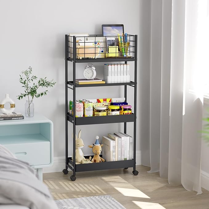 KINGRACK 4 Tier Slim Rolling Cart, Metal Utility Storage Cart with Wheels | 5.7" Raised Edge, Narrow Space Trolley Organizer for Bathroom, Kitchen, Office, Dorm, Laundry, Living Room, Black - Image 8