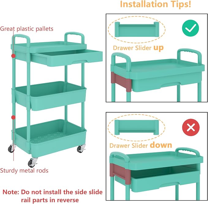 Calmootey 3-Tier Utility Cart with Drawer & Wheels, Storage for Home,Office | Space-Saving Organizer, Sturdy Plastic Shelves, Smooth-Rolling Metal Wheels, Built-in Drawer for Small Items, Green - Image 6