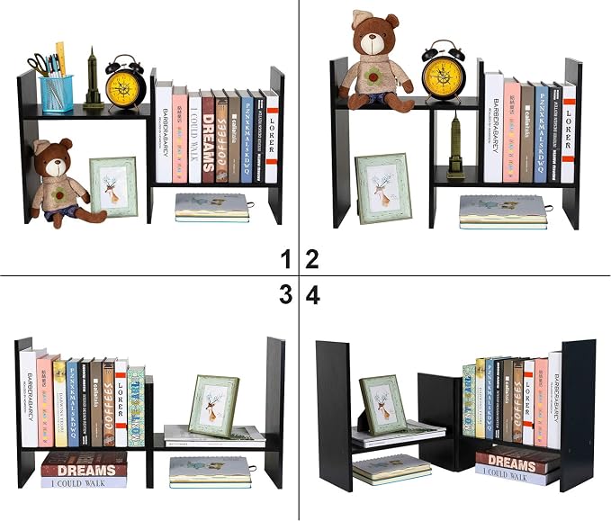 Adjustable Desktop Shelf Wood Small Bookshelf Desk Supplies Organizers and Accessories Storage Display Rack Office Decor, Black - Image 4
