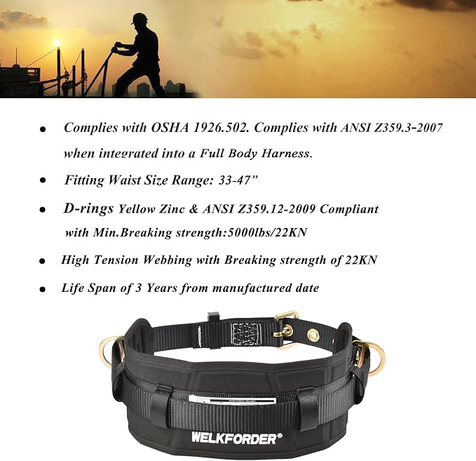 Tongue Buckle Body Belt With Waist Pad and 2 Side D-Rings Personal Protective Equipment Safety Harness | Waist Fitting Size 33'' to 47'' for Work Positioning, Restraint - Image 2