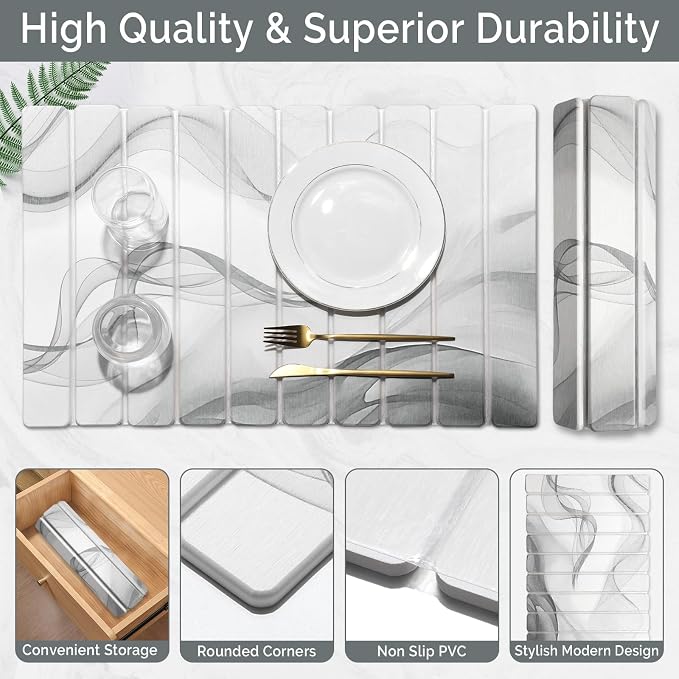 Large Stone Dish Drying Mat for Kitchen Counter, 2 PCS Quick Dry Stone Mats, Foldable Water Absorbing Diatomaceous Earth Drying Dishes Pad for Countertop Bottle Utensil Cup(Black White 24"×16"&8"x4") - Image 4