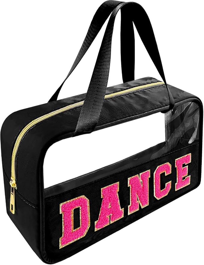 Bunliuys Chenille Letter Clear Makeup Bag Dance Patch, Travel Toiletry Makeup Bag with Handle, Nylon Waterproof Makeup Bags clear cosmetic bag, preppy patch makeup bag for Women (DANCE-Black) by Bunliuys
