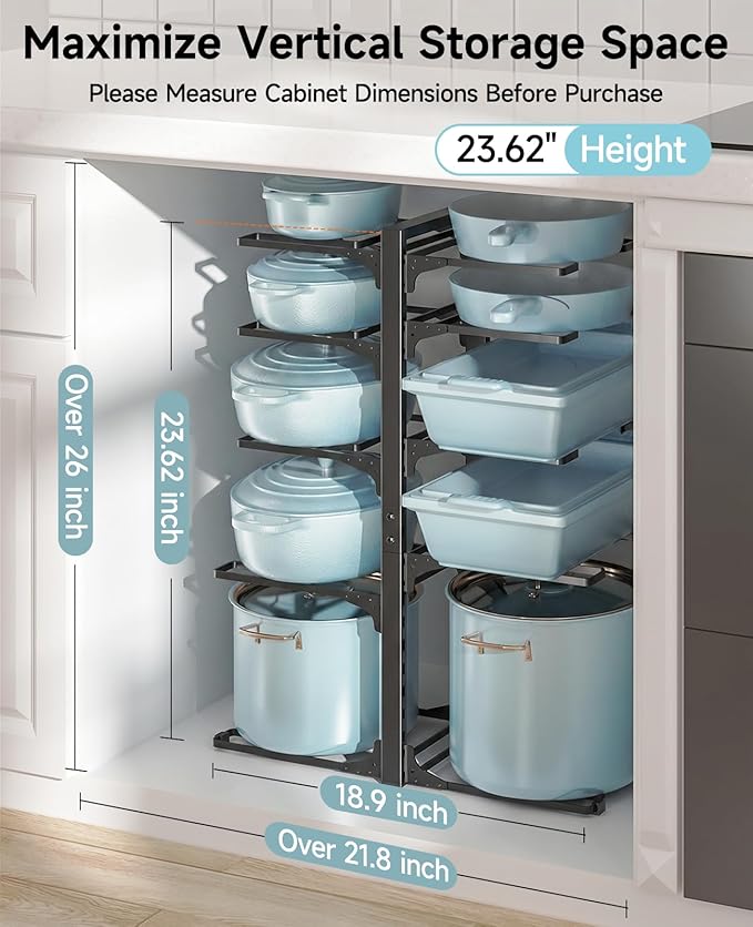MUDEELA 10-Tier Pots and Pans Organizer Rack, 23.62" H for Cast-iron Pans | Adjustable heavy-duty pot rack, Holds big stockpots, cookware & skillets, Fits under cabinet on countertops, Kitchen storage - Image 2