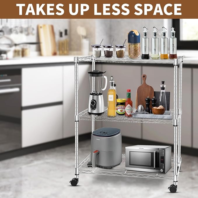 Whitmor 3 Tier Storage Shelving, Heavy Duty with Wheels, Adjustable Steel Organizer, 400 lbs Capacity per Shelf, Max 1200 lbs Total for Garage, Kitchen, Bathroom, 20" L x 14" W x 24" H, Chrome - Image 4