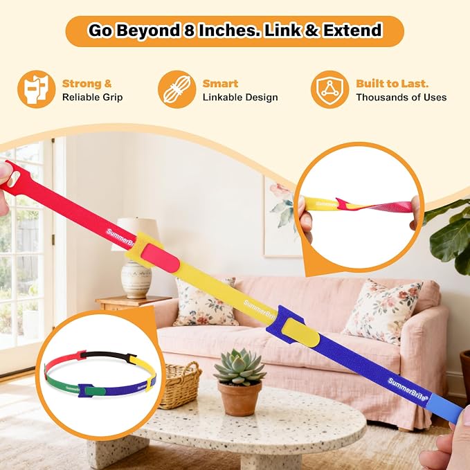 SummerBrite 70 Pack Assorted Cable Ties (4, 6, 8 Inch) Multi-Color with Writable Labels, Reusable Cord Organizer Straps, Hook & Loop Wire Management for Electronics, Home Office, PC Desk & Travel - Image 4