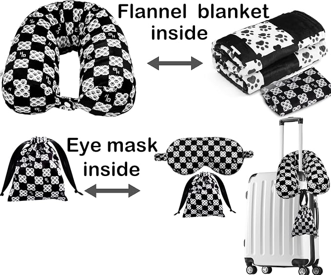 Travel Pillow with Detachable Flannel Blanket & Eye Mask – Plush Velvet Neck Support Pillow for Airplane,Car,Office Rest,Coordinated Digital Print Set (Black Dog Claw Grid, 50in * 60 in) - Image 2