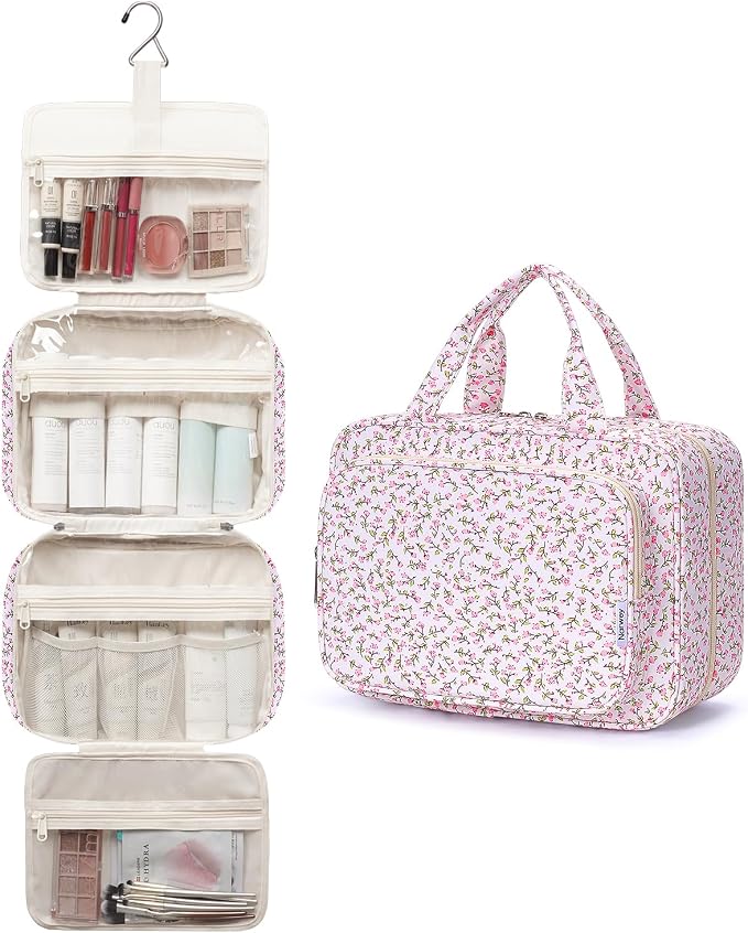 Narwey Travel Toiletry Bag for Women Large Hanging Makeup Bag Organizer Toiletries Bag for Full Size Essentials Accessories Cosmetics (Pink Flower (Large)) - Image 4
