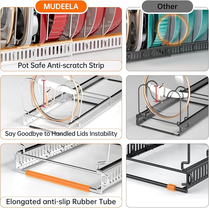 MUDEELA Expandable Pot Pan Lid Organizers inside Cabinet, 12 Divider-Silver | Expandable 11.8–22.9", 12 Adjustable Divider, Tool-Free Assembly, Non-Slip, Scratch-Proof, For Pan Lid Cutting Board Bakeware - Image 5
