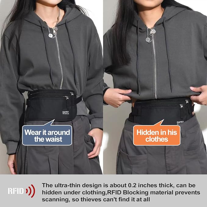 Money Belt - Passport Holder Secure Hidden Travel Wallet with RFID Blocking, Undercover Fanny Pack (Black) - Image 2