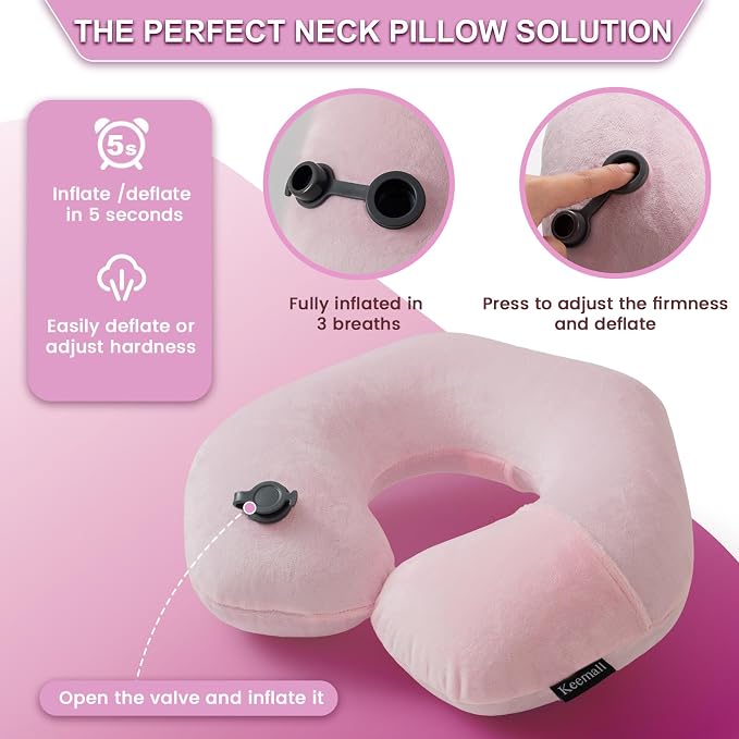 Keemall Inflatable Travel Neck Pillow for Airplane to Relieve Neck Pain | U-Shaped with Soft Washable Cover,Ergonomic Cervical Support for Flights, Car, Home, Camping&Office Naps, Gift for Women,Pink - Image 3