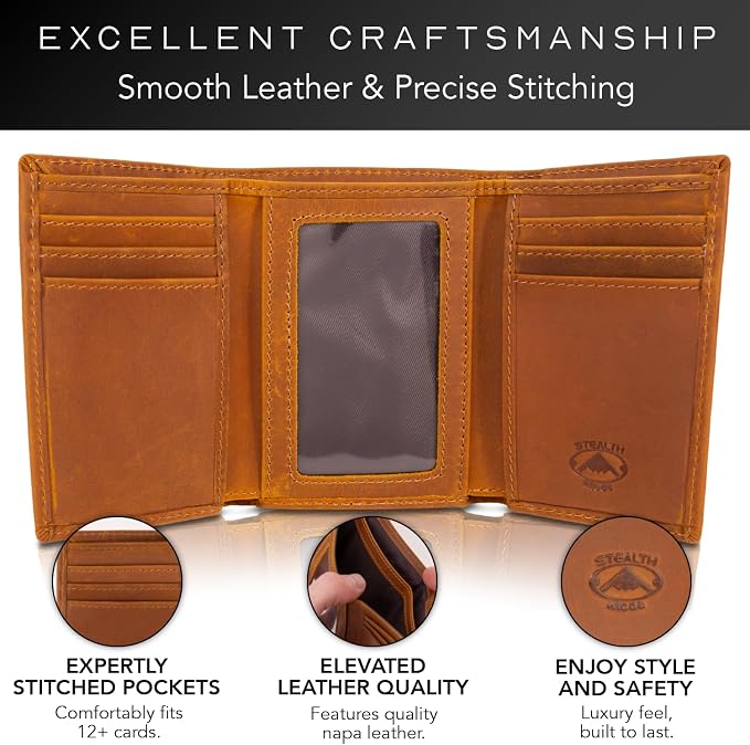 Stealth Mode Trifold RFID Blocking Leather Wallet for Men (Beige) | Top Grain Napa Leather, 9 Card Slots, ID Window, Gift Box – Gift for Dad, Husband, or Son - Image 3