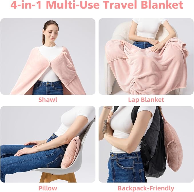 Packable Travel Throw Blanket, Blush Pink | Soft lightweight wearable travel accessory with carry pouch, airplane blanket, road trips, office naps,outdoor camping - Image 2