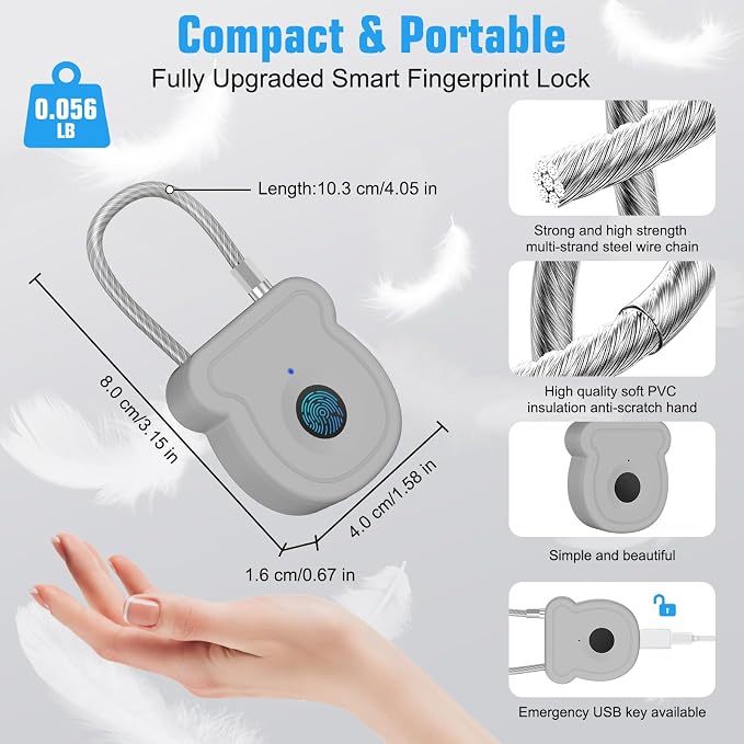 Smart Fingerprint Padlock for Luggage - 20 User Capacity, USB Key & Emergency Code, Keyless Biometric Lock for Gym Locker, Suitcase, Backpack, Toolbox & Handbag (Grey) - Image 5