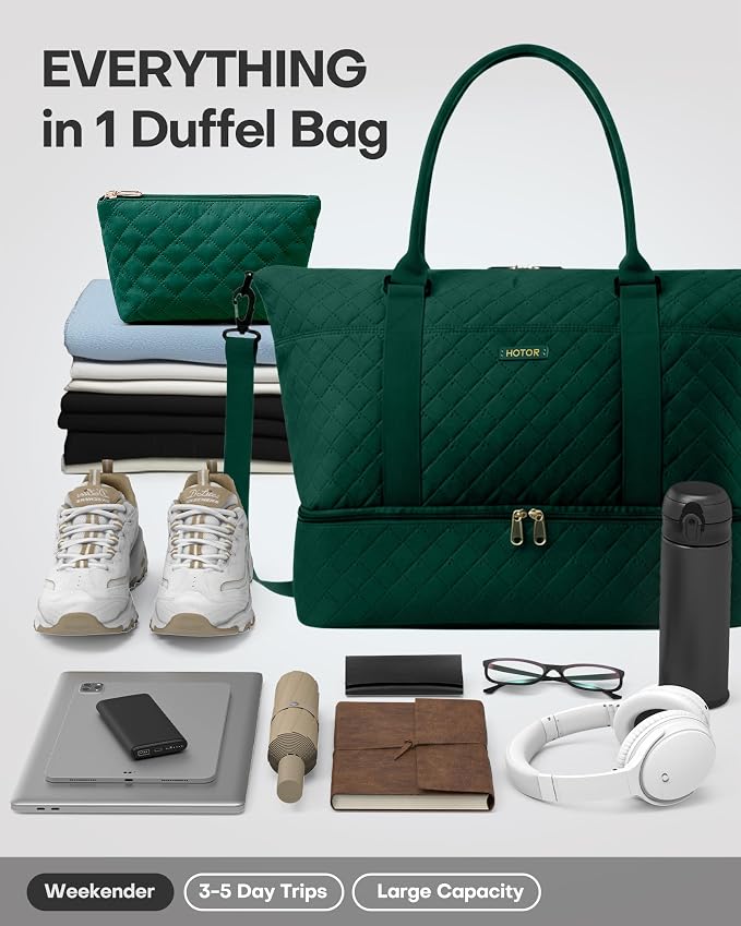 HOTOR Travel Duffel Bag - Weekender Bags for Women, Carry On Gym Tote Bags | with Toiletry Bag & Shoe Compartment, Overnight Bag for Travel Essentials, Travel Accessories, Dark Green, 13.4"×17.3"×7.9" - Image 5