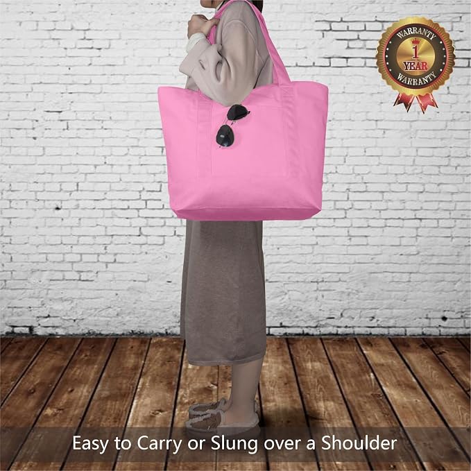 TOPDesign 1-Pack Canvas Tote Bag with an External Pocket, Reusable Grocery Shopping Bag, Top Zipper Closure, Daily Essentials (Pink) - Image 2