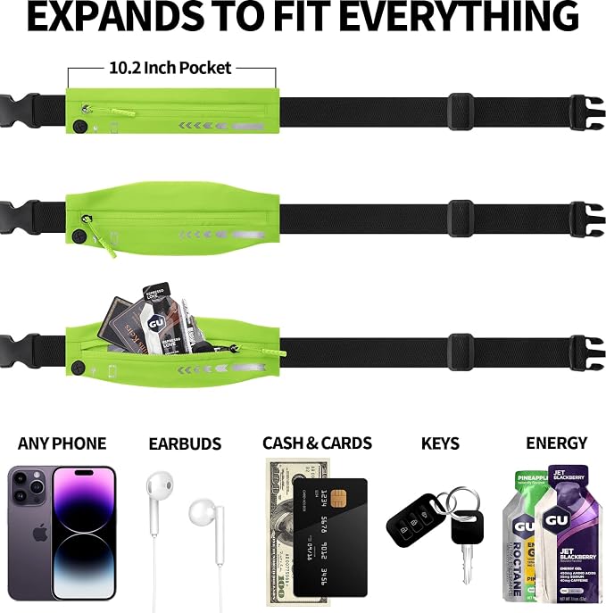USHAKE Slim Running Belt for Women Men-Runners Phone Holder Fanny Pack, Adjustable, Bounce Free Waist Pouch bag for Workout, Money Belt, Run Gear Accessories Neo Green - Image 3