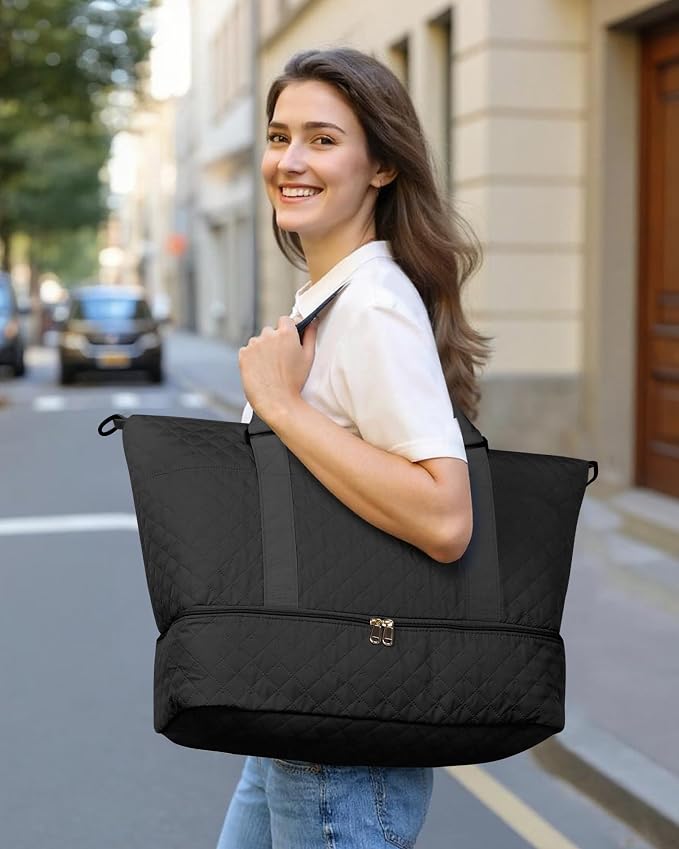 HOTOR Travel Duffel Bag - Weekender Bags for Women, Carry On Gym Tote Bags | with Toiletry Bag & Shoe Compartment, Overnight Bag for Travel Essentials and Travel Accessories, Black, 13.4"×17.3"×7.9" - Image 2