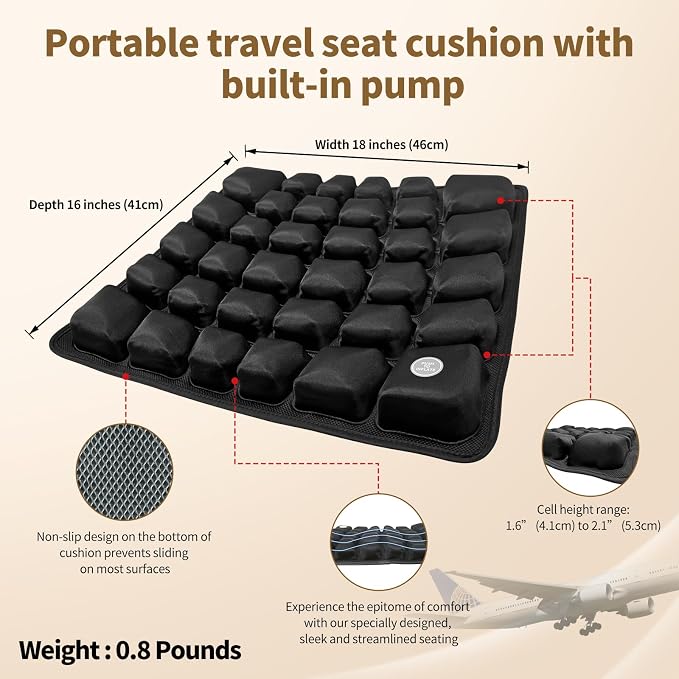 Inflatable Seat Cushion with Built-in Pump - 3D Air Cell Ergonomic Pad for Sciatica & Tailbone Pain Relief - Portable Cooling Chair Cushion for Airplane Travel, Car, Office & Stadium (0.8lbs) - Image 3
