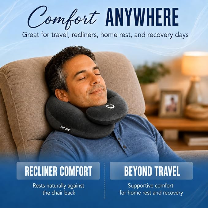 BCOZZY Flat Back Travel Neck Pillow – Patented Neck Pain Relief & Support for Head, Neck, and Chin. Ideal for Airplanes, Long Flights, Car Rides. Adjustable, Washable, with Carry Bag. Large, Navy - Image 5